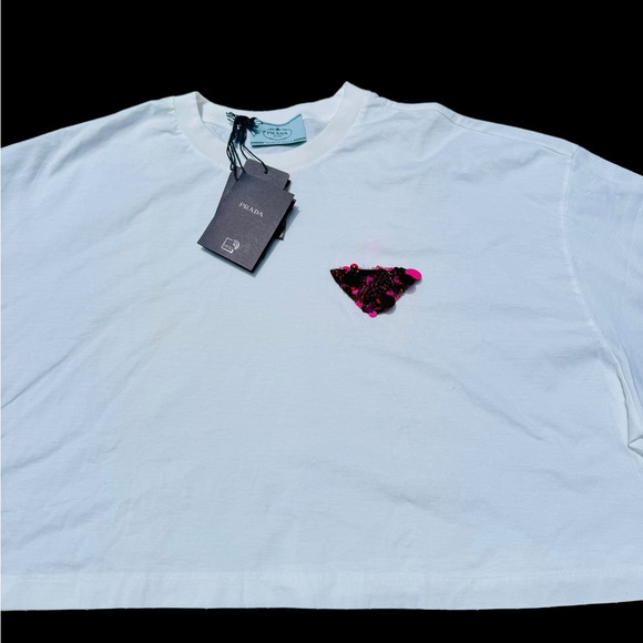 PRADA***Cropped White T-Shirt W/Sequined Logo***XL $1380 NWT - Picture 6 of 11